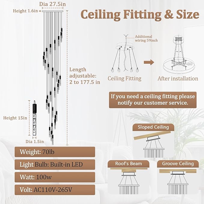 Flashing God Black 28 Lights Large Foyer Chandeliers for High Ceilings 12 feet Long Spiral Stair Pendant Chandelier Crystal Ceiling Light Fixtures Dimmable 2700k-4500k-6000k