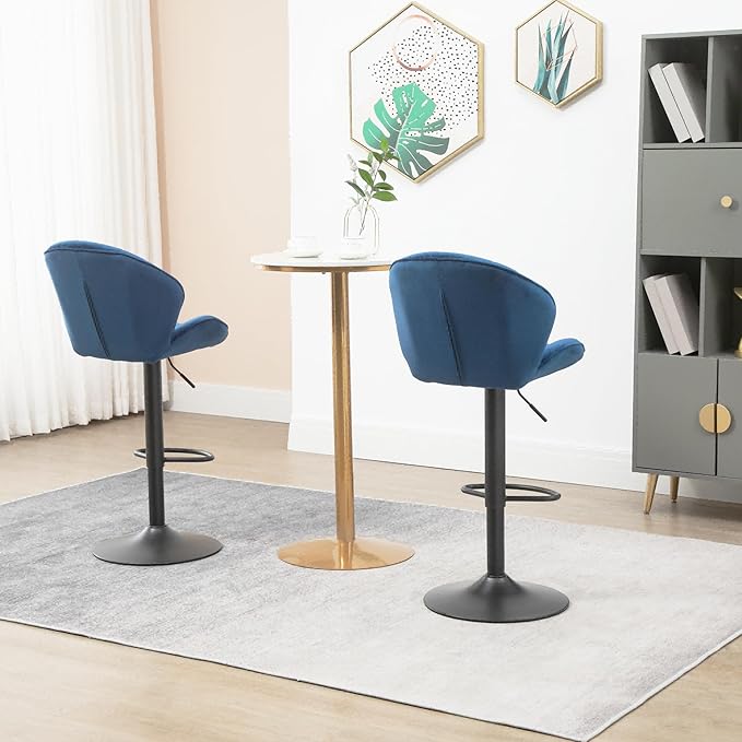 Rhomtree 24-32 Inch Swivel Bar Stools, Adjustable Counter Height Barstools, Velvet Tufted Upholstered and Footrest Barstools, Upholstered Bar Chairs for Home Bar Kitchen Island(Blue Set of 2)