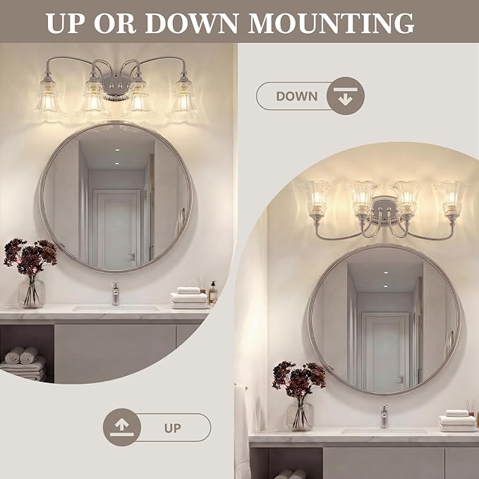 4-Light Bathroom Light Fixtures Vintage Chrome Vanity Lights Over Mirror with Floral Glass Shade for Bathroom Powder Room, Living Room Hallway