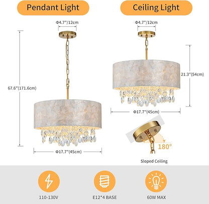 LumFurn 4-Light Drum Capiz Shell Crystal Chandeliers, Coastal Style Pendant Light Fixture for Dining Room, Living Room, D18 x 21~68"(Adjustable), Shell Lampshade & Gold Finish