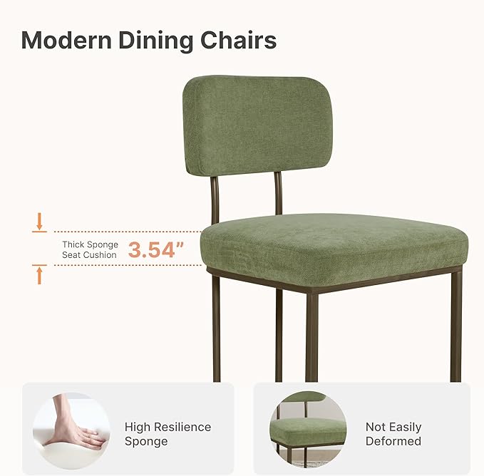 KISLOT Dining Chairs Set of 4, Upholstered Modern Kitchen Chairs with Ergonomic Backrest, Fabric Cushion & Wire Drawing Curve Metal Legs for Living Room, Restaurant, Café, Green, 2Boxs