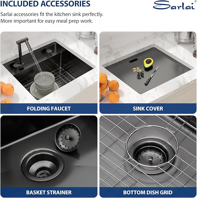 Sarlai Black Undermount Bar Sink With Foldable Faucet - 21x19 Inch Outdoor Black Kitchen Sink RV Workstation 16 Gauge Stainless Steel Single Bowl Handmade Outdoor BBQ Sinks with Lid