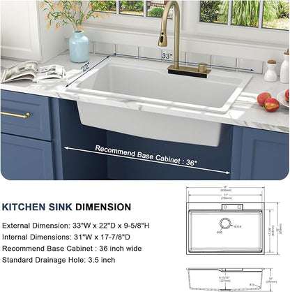 33 Waterfall Kitchen Sink Drop In - Lordear 33x22 Kitchen Sinks White Quartz Granite Composite Multifuctional Workstation Single Bowl Topmount Sink with Pull Out Faucet