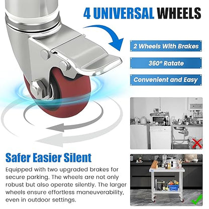 KUARBARR Stainless Steel Table with Wheels 30 x 18 Inch NSF Commercial Stainless Steel Metal Prep Table for Restaurant Kitchen Garage