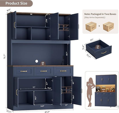 HOSTACK 72" Tall Kitchen Pantry Cabinet with Charing Station | LED Lights, 47" W Kitchen Pantry Storage Cabinet with Countertop, Modern Kitchens Hutch Cabinets with Storage for Dining Room, Blue