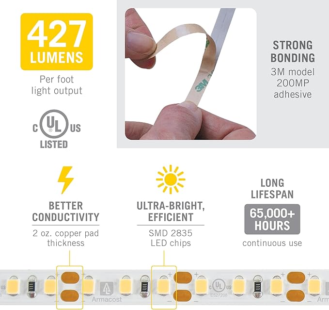Armacost Lighting RibbonFlex Pro 12V White LED Strip Lights 120 LED/m, 5000K, 8.2 ft 163210