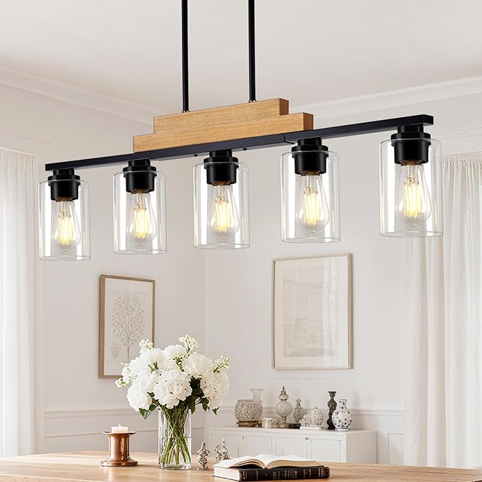 Dining Room Light Fixture/Chandeliers Over Table, 5-Light Modern Rustic Linear Pendant Lights Kitchen Island Lighting, Wood Ceiling Light Fixture Hanging with Clear Glass Shade, Matte Black