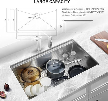 33 Inch Undermount Kitchen Sink Workstation, Stainless Steel Kitchen Sinks Single Bowl, Handmade Large Undermount Sink 33x19x10 with Accessories