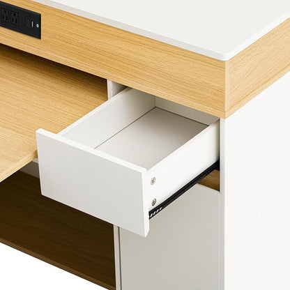 Merax Extendable Rolling Kitchen Island with Folding Table Top, Storage Cabinet with Drawers, Power Outlet & Locking Wheels for Kitchen, Dining Room, Small Space,White+Natural