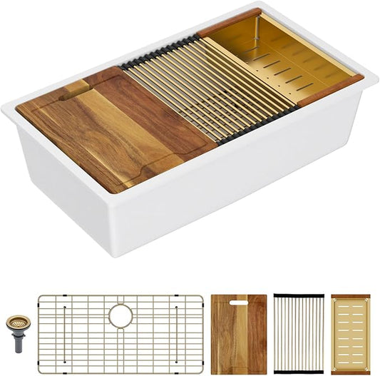 Lordear 33 Inch White Kitchen Sink Granite Composite Undermount Kitchen Sink Workstation 33x19 White Quartz Sinks Under Counter Single Bowl with Classic Gold Accessories