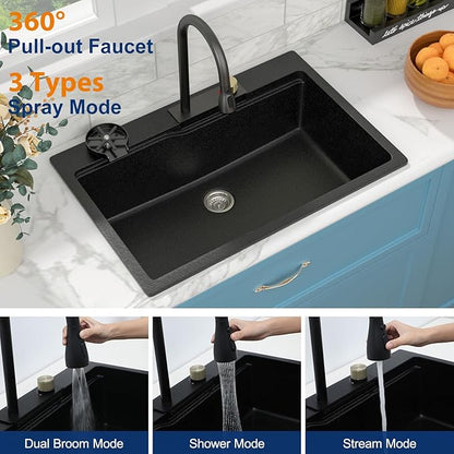 Sarlai Waterfall Kitchen Sink - Granite Composite Black Kitchen Sink 33 Inch Drop In Topmount Workstation Granite Matte Black Quartz Single Bowl Multifunction Sinks with Waterfall