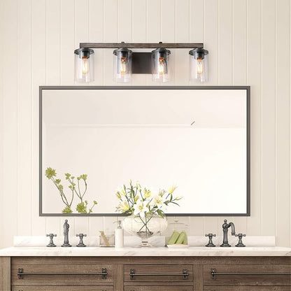 LALUZ Bathroom Vanity Light Fixtures, Farmhouse Vanity Lighting with Clear Glass Shades, Faux Wood, 4-Light, 28’’ L x 6.3’’ W x 8.7’’ H