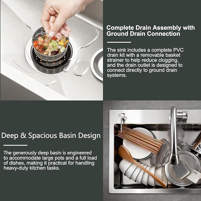 23.6 x 17.7 Inch Kitchen Sink, T304 Stainless Steel Sink, Top Mount Kitchen Sinks with Basket Strainer and Pipe