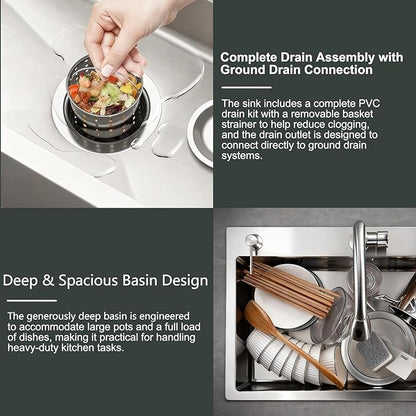 23.6 x 17.7 Inch Kitchen Sink, T304 Stainless Steel Sink, Top Mount Kitchen Sinks with Basket Strainer and Pipe