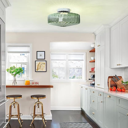 Bofea-Modern Green Ceiling Light Fixture Vintage Glass Flush Mount Ceiling Light Farmhouse Semi Flush Mount Lights Fixtures with Drum Glass Shade,Green Flush Lamp for Hallway Bedroom Foyer Bathroom
