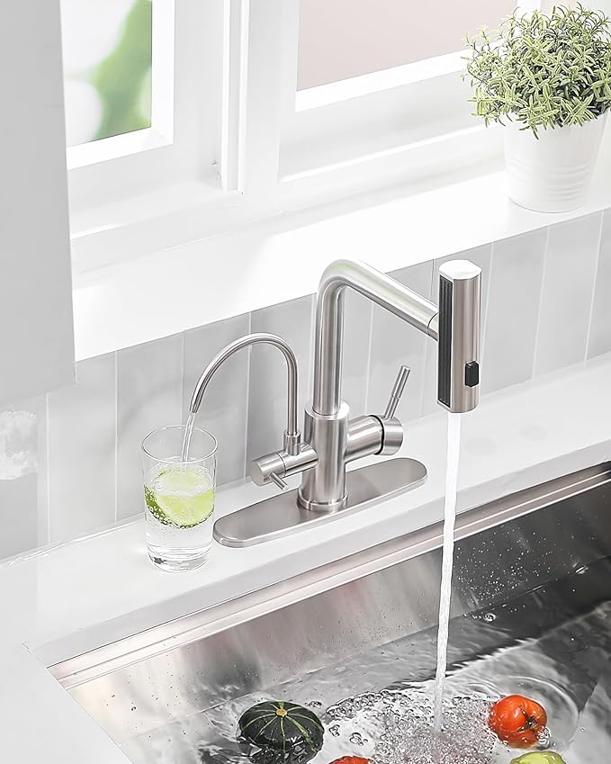 Fapully Pull-Down Kitchen Faucets, 3 Way Kitchen Sink Faucet with Pull Down Sprayer and Drinking Water Faucet, Include Deck Plate for 1 or 3 Holes Brushed Nickel