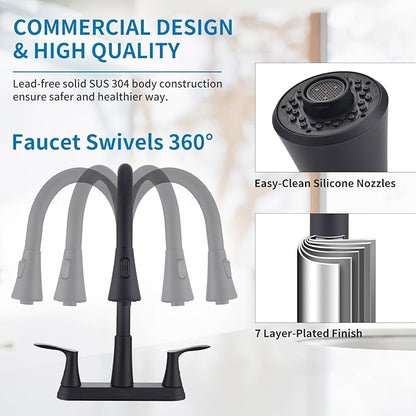 HOMELODY 2 Handles Kitchen Faucet with Pull Down Sprayer for 3 Hole Sink, 8 inch 360° Rotating Spout Centerset Kitchen Sink Faucet with Water Lines Matte Black