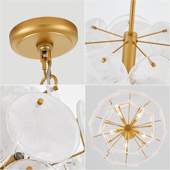 Dia 15.75 Inches Modern Glass Chandelier for Foyer, Gold Dining Room Light Fixture, Large Vintage Pendant Chandelier for Bedroom Entryway Farmhouse