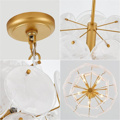 Dia 15.75 Inches Modern Glass Chandelier for Foyer, Gold Dining Room Light Fixture, Large Vintage Pendant Chandelier for Bedroom Entryway Farmhouse