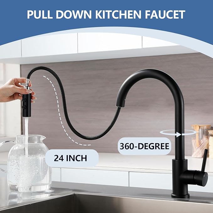 KINFAUCETS Black Kitchen Faucet with Pull Down Sprayer,Single Handle Pull Out Kitchen Sink Faucet,Commercial Farmhouse RV Bar Utility Kitchen Faucets