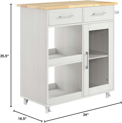 Modway Culinary Rolling Kitchen Cart with Storage in White Natural - 3 Tiers Kitchen Island on Wheels with Towel Bar, Functional as a Coffee Station, Bar Cabinet or Butcher Block Island