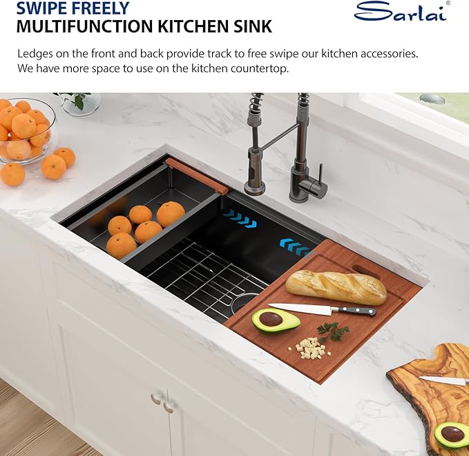 Sarlai 36 Black Undermount Kitchen Sink Workstation - 36x19 Inch Kitchen Sinks with Ledge NANO-Tech Gumental Black Sink Round Corner 16 Gauge Stainless Steel Single Bowl Sink Basin