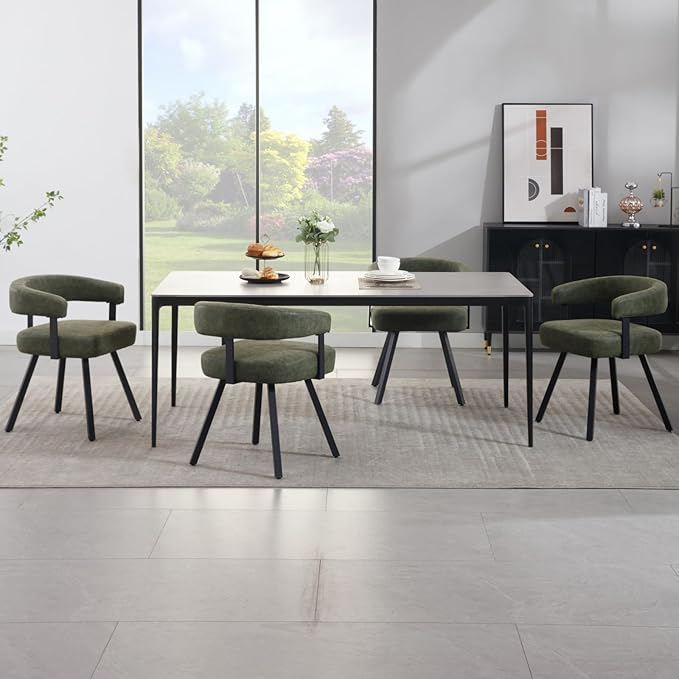 Modern Barrel Dining Chairs Set of 2, Green PU Leather Upholstered Dining Room Chairs with Arms, Comfy Kitchen Chairs with Black Metal Legs for Dinner Living Room