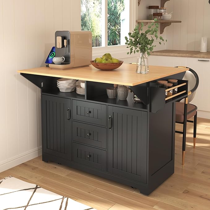 Modern Dining Table 55.7'' Large Kitchen Island with 2 Drop, Rolling Cart on 5 Wheels with Power Outlet, Folding Dining Table with Spice & Towel Rack for Kitchen Living Room,Black-MDF