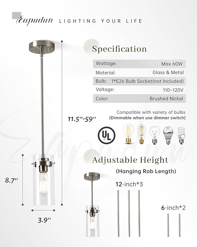 EAPUDUN Pendant Light Fixtures, Brushed Nickel Finish Kitchen Lights Ceiling, Clear Glass Pendant Lights Kitchen Island-PDA1353-A-BNK