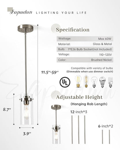 EAPUDUN Pendant Light (2 Packs), Kitchen Ceiling Hanging Light, Adjustable Height, Kitchen Light Fixtures Brushed Nickel Pendant Lights, Farmhouse Pendant Lighting for Sink Island, Home Décor Lighting