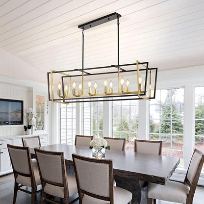 WJShome 12 Light Chandeliers for Dining Room, Farmhouse Kitchen Island Lighting, Black and Gold Rectangle Chandelier, Rustic Adjustable Height Metal Hanging Dining Table Fixture