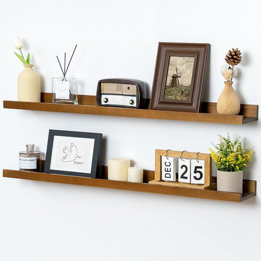 FLYJOE Picture Ledge Shelf for Wall, 36 inch Solid Ash Wood Nursery Book Shelves 2 Packs, Floating Shelves for Kids' Room Bedroom Bathroom Living Room Photo Frames Office Nursey Wall Decor, Walnut