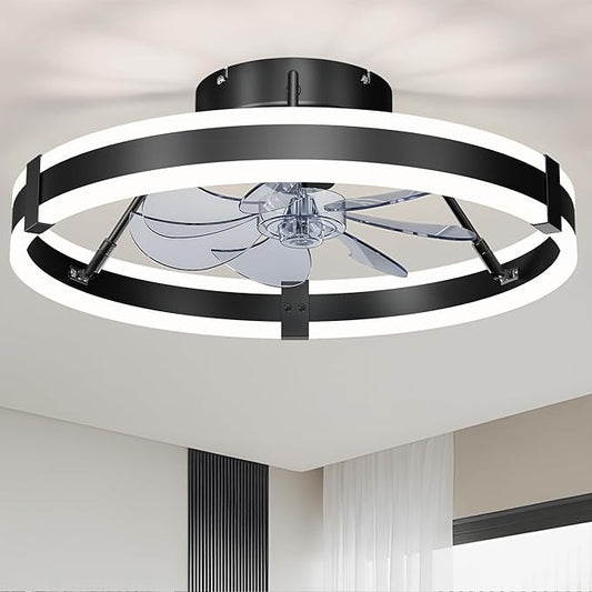 Low Profile Bladeless Ceiling Fan with Lights & Remote - 19.7" Flush Mount Fandelier Light Fan for Bedroom/Kitchen, 3000-6000K Dimmable LED, 6-Speed Modern Fan with Lights for Home/Office