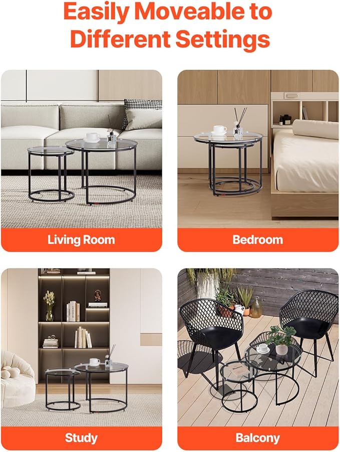 VEVOR Nesting Coffee Table Set of 2, 23.6 in Round Coffee Table, Glass Nesting Tables for Small Place, Modern End Side Tables Night Stand with Metal Frame, for Living Room, Bedroom, Balcony, Office