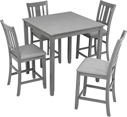 5-Piece Counter Height Solid Wood Dining Table Set for 4, Square Kitchen Table with 4 Upholstered Slatted-Back Chairs, Modern Gray Dining Set for Kitchen and Dining Room