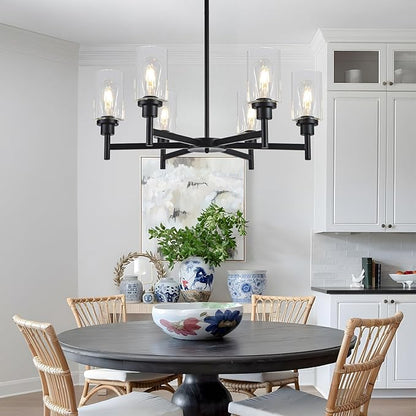 6 Light Farmhouse Chandelier Black Dining Room Light Fixture Over Table Industrial Hanging Pendant Lighting for Living Room Foyer Kitchen Island Adjustable Height E26 Socket with Glass Shade