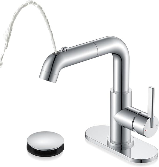 KENES Pull Out Bathroom Faucet with Sprayer, Polished Chrome Single Handle Bathroom Sink Faucet with Pull Down Sprayer, Vanity Bar Faucet with Pop Up Drain & Deck Plate, LJ-9055A-5