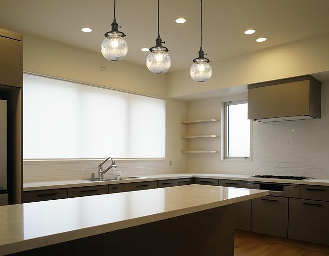 Phansthy Kitchen Island Lighting, 3 Lights Linear Chandeliers, Hanging Light with 5.9" Globe Striped Glass Shade, 3-Light Pendant Light Fixtures for Dining Room Farmhouse (Black, Long Base)