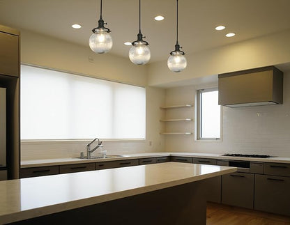 Phansthy Kitchen Island Lighting, 3 Lights Linear Chandeliers, Hanging Light with 5.9" Globe Striped Glass Shade, 3-Light Pendant Light Fixtures for Dining Room Farmhouse (Black, Long Base)
