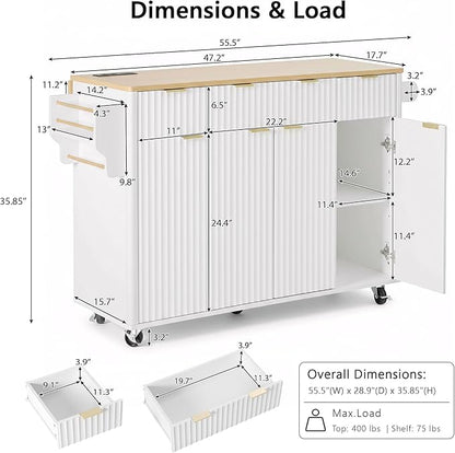 55.5" Fluted Kitchen Island with Power Outlet and Drop Leaf, Narrow Kitchen Island with Storage Srawers and 4 Doors, Rolling Island Table with Wood-grain Top, Curved Edge for Dining Room White