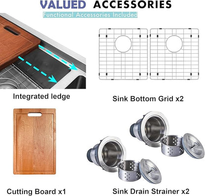 33 Inch Double Farmhouse kitchen Sink,16-Gauge SUS304 Stainless Steel Farm Sinks, 50/50 Apron Front Features Workstaion Sink With Accessories,33''×20''×10" Large and Deep Double Kitchen Sinks