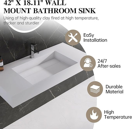 42" x 18" Wall Mount Sink, Stone Resin Rectangular Bathroom Sink, Modern Floating Vessel Sinks for Vanity, Art Basin Trough, Durable and Stylish Bathroom Sinks for Modern Homes, White