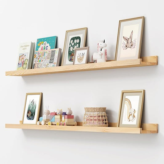 FLYJOE Picture Ledge Shelf, Floating Shelves Set of 2, Solid Ash Wood 56'' Long Large Nursery Book Shelves for Toys Storage, Kids Bookshelf for Living Room Bedroom Decor Books Photo Frames, Natural