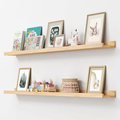 Picture Ledge Shelf, Floating Shelves Set of 2, Solid Pine Wood 55'' Long Large Nursery Book Shelves for Toys Storage, Kids Bookshelf for Living Room Bedroom Decor Books Photo Frames, Natural