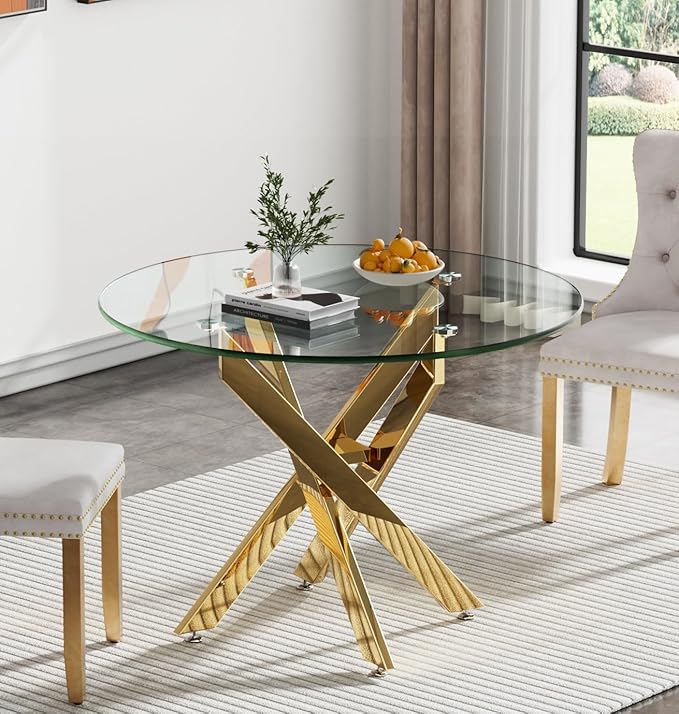 Henf 36" Glass Round Dining Table with X-Shape Metal Legs, Gold Kitchen Table for 2-4 People, Round Glass Dining Room Table for Small Space, Easy Assembly Circular Side Desk