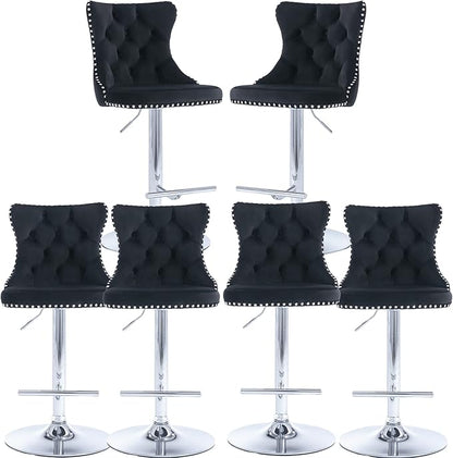 Rhomtree Velvet Swivel Bar Stools Upholstered Bar Stool with Button Tufted Back and Pull Ring Height Adjustable Barstools 25-33 Inch for Home Pub and Kitchen Island (Black with Silver Base, Set of 6)