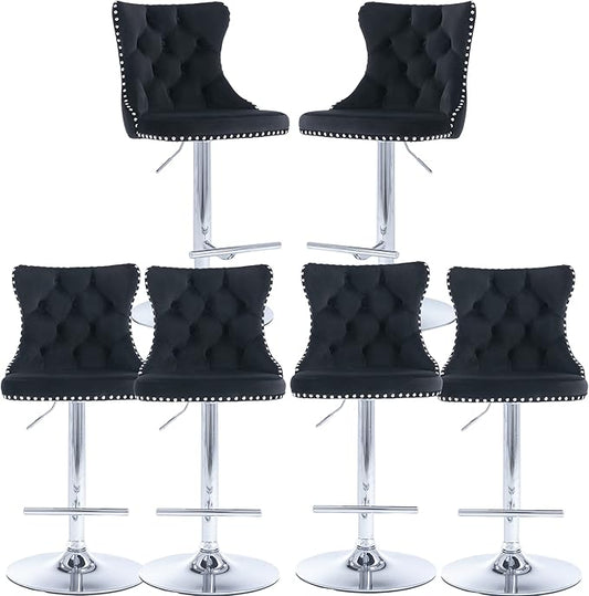 Rhomtree Velvet Swivel Bar Stools Upholstered Bar Stool with Button Tufted Back and Pull Ring Height Adjustable Barstools 25-33 Inch for Home Pub and Kitchen Island (Black with Silver Base, Set of 6)