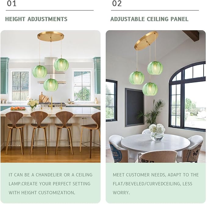 Mid Century Modern Chandelier Glass Globe 3-Light 8.6″ Emerald Green Ribbed Glass Shade Large Ball Chandeliers Sputnik Chandelier Vintage Hanging Ceiling Light Fixture Kitchen Island