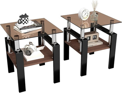 Set of 2 Glass End Table, 2-Layer Glass Living Room Table, Modern Tea Table Side Tables for Home Office Furniture