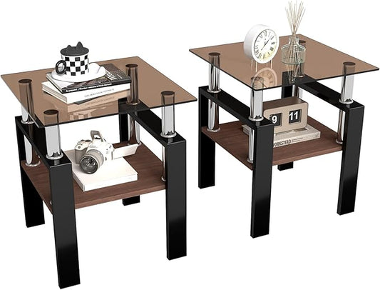 Set of 2 Glass End Table, 2-Layer Glass Living Room Table, Modern Tea Table Side Tables for Home Office Furniture